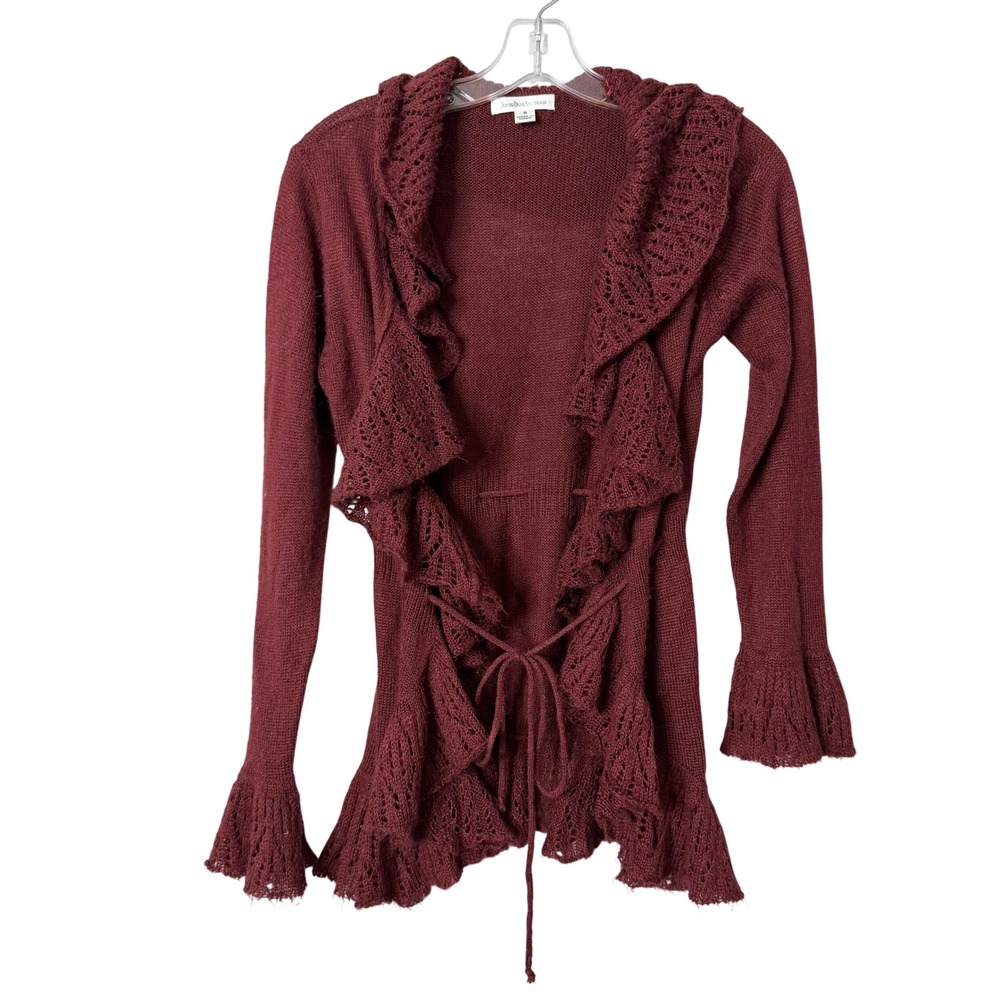 John Paul Richard Cardigan Womens Small Burgundy Ruffle Pointelle Victorian